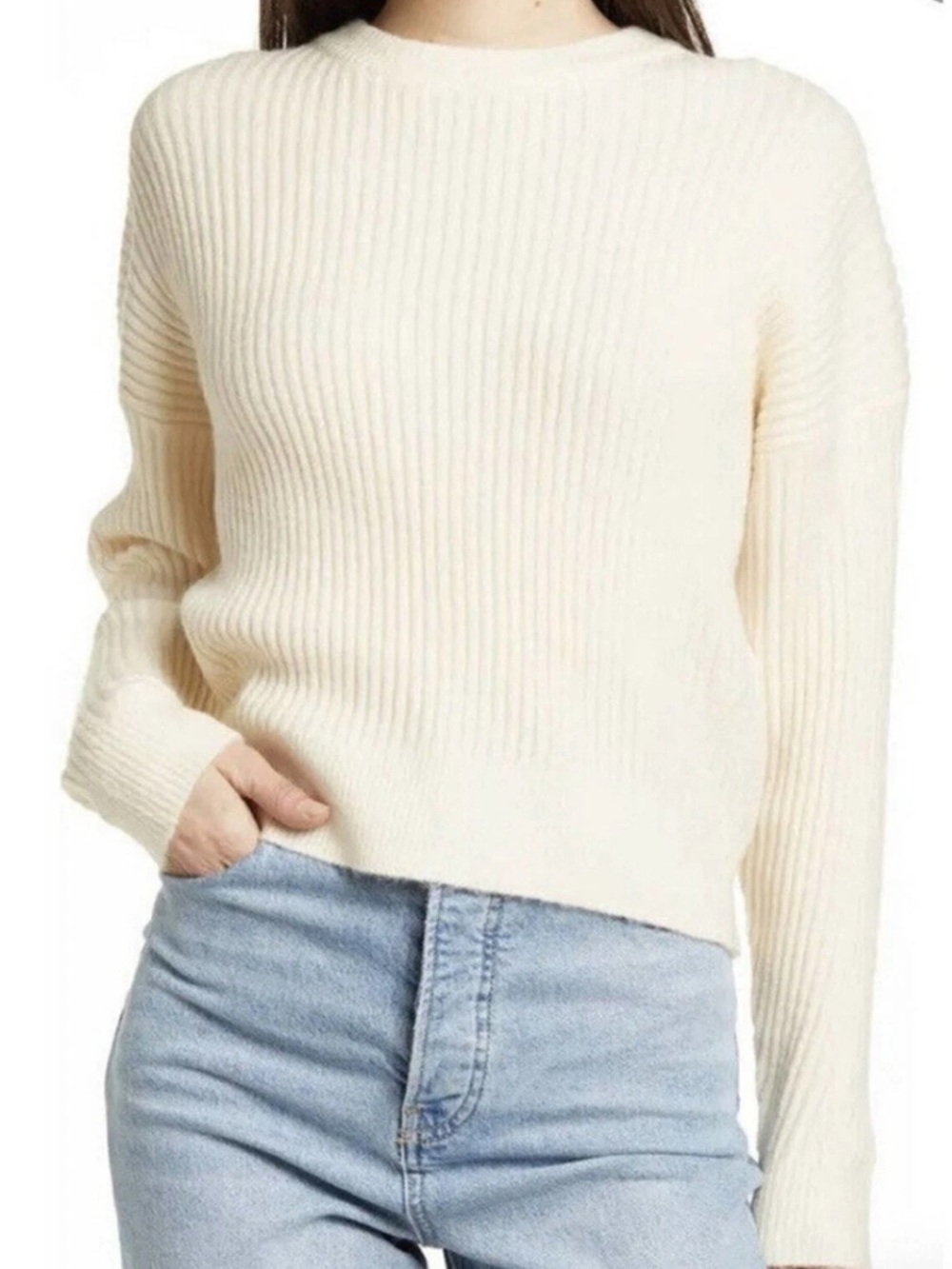 Elodie Cream Crewneck Cropped Ribbed Sweater Medium
